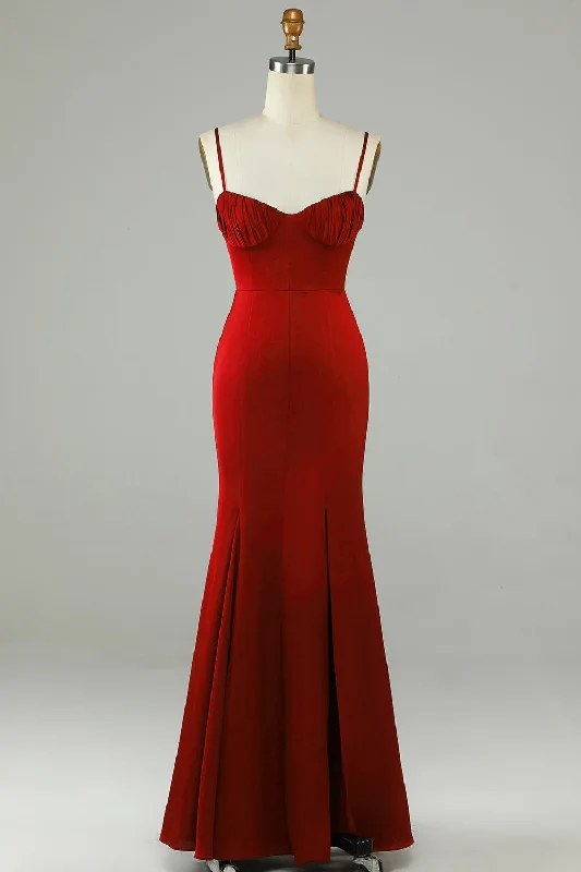 Asymmetric - hem wedding guest dresses in metallic huesMermaid Spaghetti Straps Burgundy Long Bridesmaid Dress with Slit Asymmetric - hem wedding guest dresses in metallic huesMermaid Spaghetti Straps Burgundy Long Bridesmaid Dress with Slit