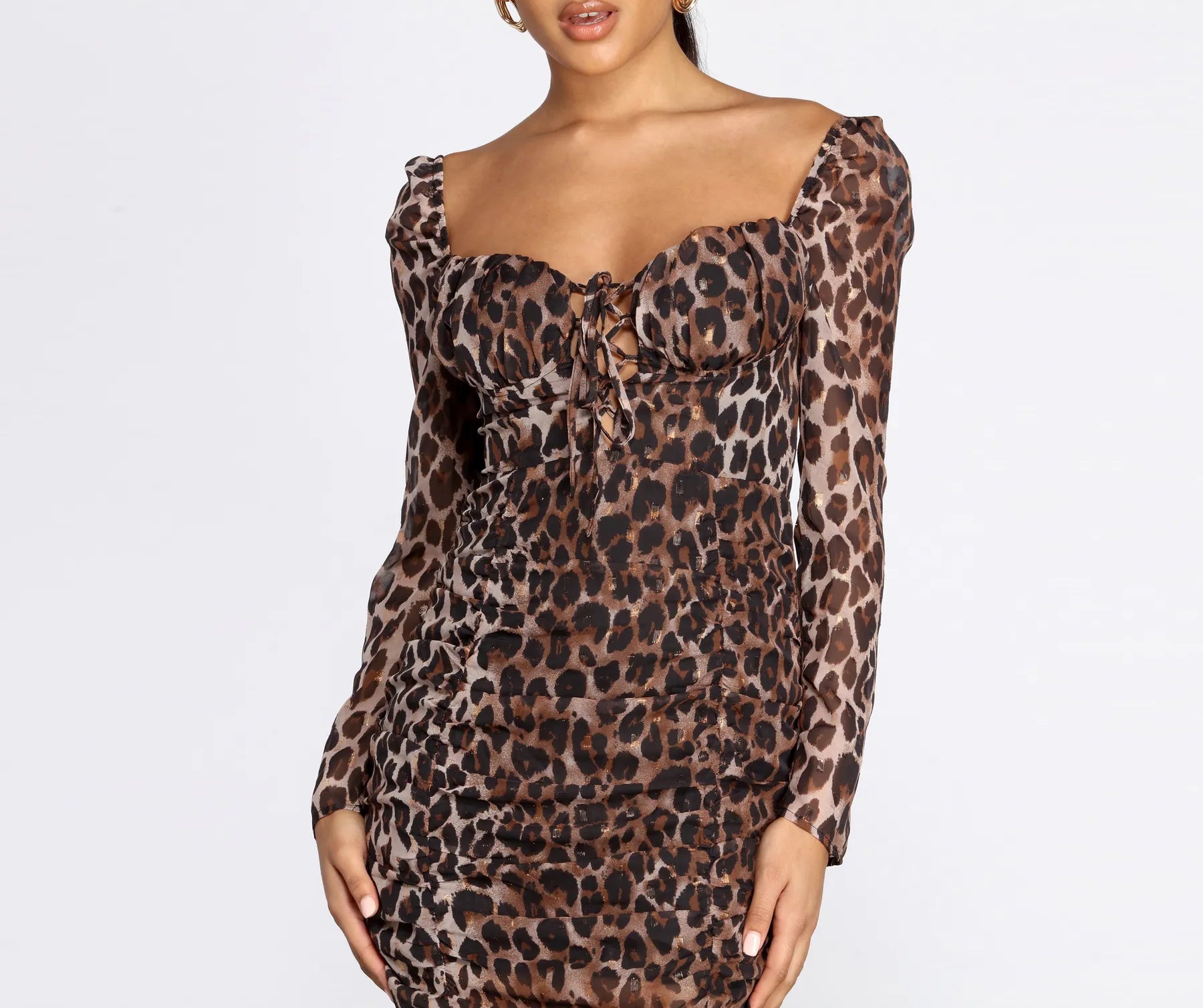 Cocktail dresses with a one - piece design and a statement bowMetallic Leopard Ruched Mini Dress Cocktail dresses with a one - piece design and a statement bowMetallic Leopard Ruched Mini Dress