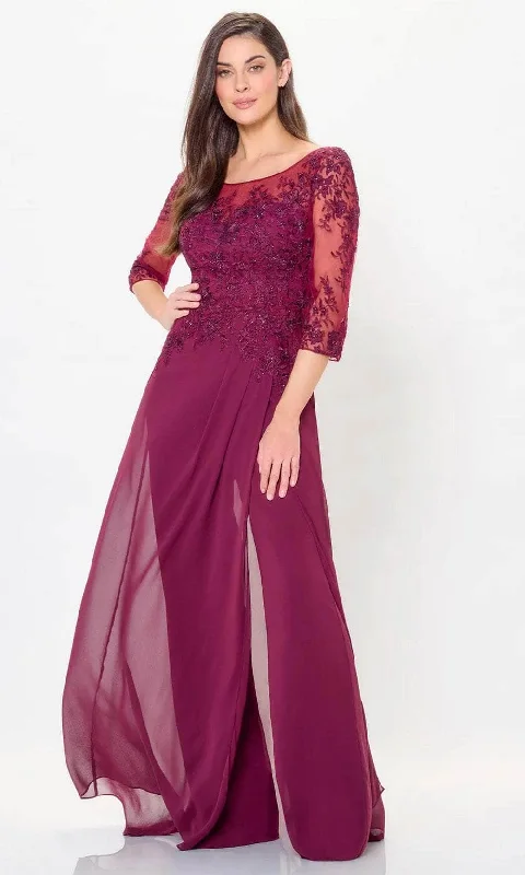 Velvet - trimmed wedding guest dresses in burgundy for a formal eventMontage by Mon Cheri M918 - Quarter Sleeve Applique Evening Dress Velvet - trimmed wedding guest dresses in burgundy for a formal eventMontage by Mon Cheri M918 - Quarter Sleeve Applique Evening Dress