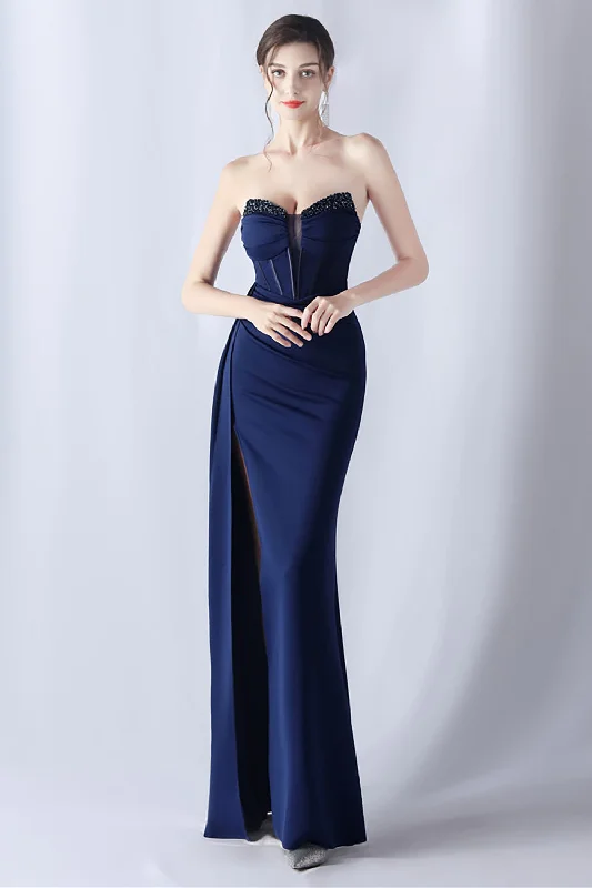 One - shoulder cocktail dresses in emerald green for a bold statementNavy Mermaid Strapless Long Corset Prom Dress with Slit One - shoulder cocktail dresses in emerald green for a bold statementNavy Mermaid Strapless Long Corset Prom Dress with Slit