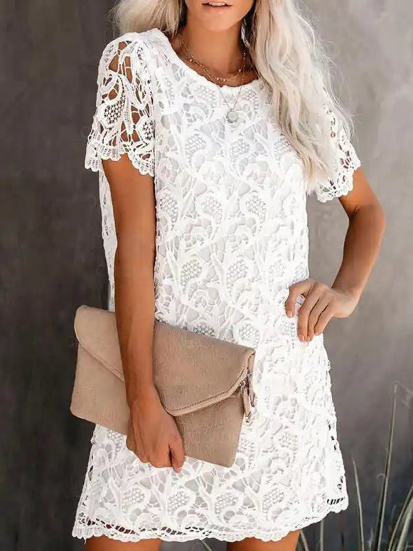 Cocktail dresses with a wrap - front style and a long - length optionNew casual and elegant round neck hollow lace midi dress Cocktail dresses with a wrap - front style and a long - length optionNew casual and elegant round neck hollow lace midi dress