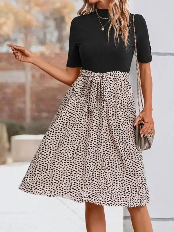 A - line cocktail dresses with floral embroidery for spring partiesNew Ladies Half High Neck Leopard Print Dress