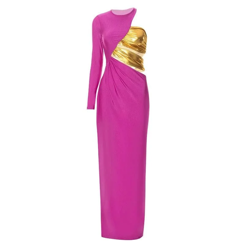 Cocktail dresses with a floral print and a peplum waistBerryBetty - One shoulder ruched contrast long sleeve metallic maxi dress Cocktail dresses with a floral print and a peplum waistBerryBetty - One shoulder ruched contrast long sleeve metallic maxi dress