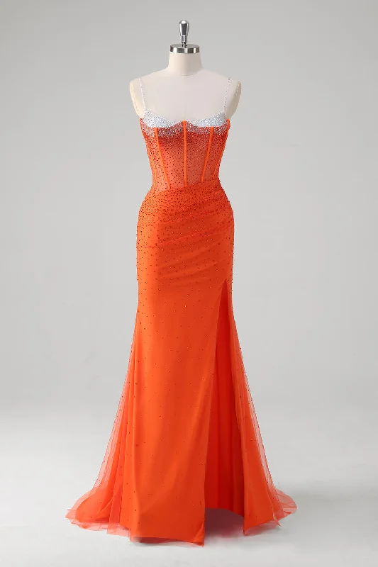 Cocktail dresses with off - the - shoulder designs and beaded accentsOrange Spaghetti Straps Beaded Corset Mermaid Prom Dress Cocktail dresses with off - the - shoulder designs and beaded accentsOrange Spaghetti Straps Beaded Corset Mermaid Prom Dress