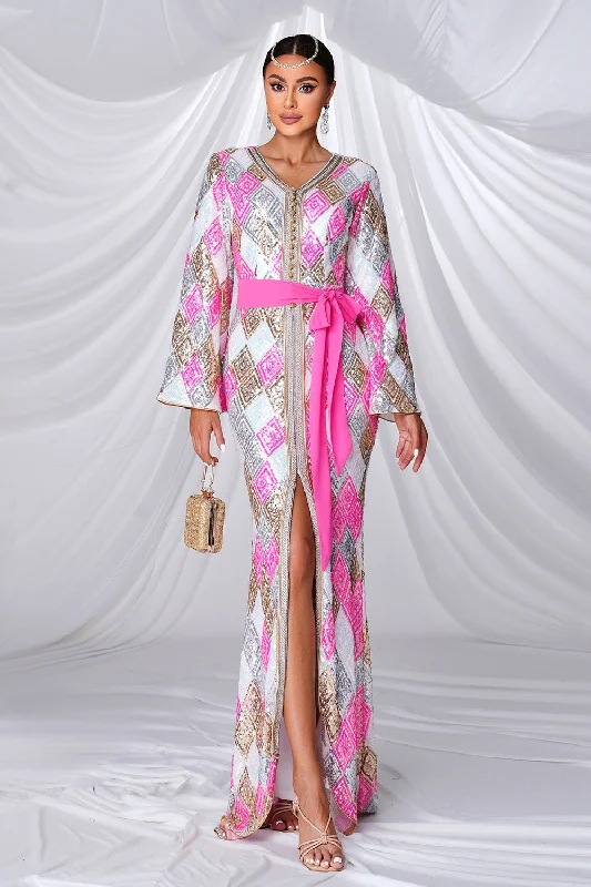 Sheath cocktail dresses in blush pink for a romantic lookPink Mermaid V Neck Long Sleeves Prom Dress with Slit Sheath cocktail dresses in blush pink for a romantic lookPink Mermaid V Neck Long Sleeves Prom Dress with Slit