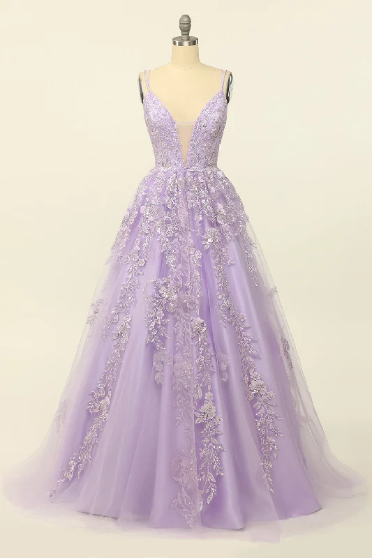 Asymmetric - hem cocktail dresses in a bold color for a fashion - forward lookPurple Spaghetti Straps Prom Dress With Appliques