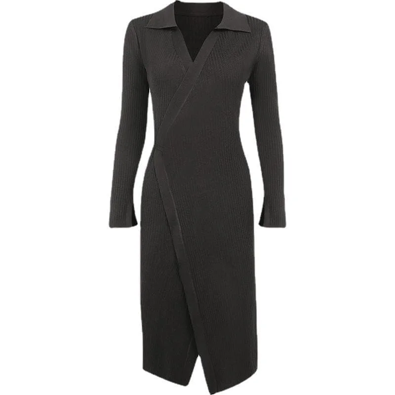 One - shoulder cocktail dresses in emerald green for a bold statementBerryBetty - Ribbed solid long sleeve turnover collar slit v neck midi dress One - shoulder cocktail dresses in emerald green for a bold statementBerryBetty - Ribbed solid long sleeve turnover collar slit v neck midi dress