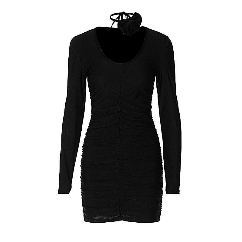 Cocktail dresses with a keyhole back and a midi - lengthBerryBetty - Ruched long sleeve flower applique u neck solid mini dress Cocktail dresses with a keyhole back and a midi - lengthBerryBetty - Ruched long sleeve flower applique u neck solid mini dress