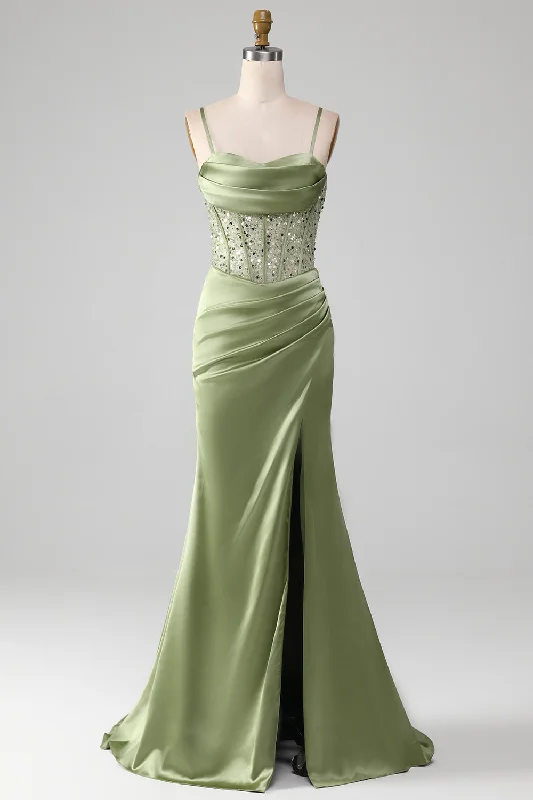 Cocktail dresses with a cut - out detail and a body - con fitMermaid Spaghetti Straps Sage Corset Prom Dress with Split Front Cocktail dresses with a cut - out detail and a body - con fitMermaid Spaghetti Straps Sage Corset Prom Dress with Split Front