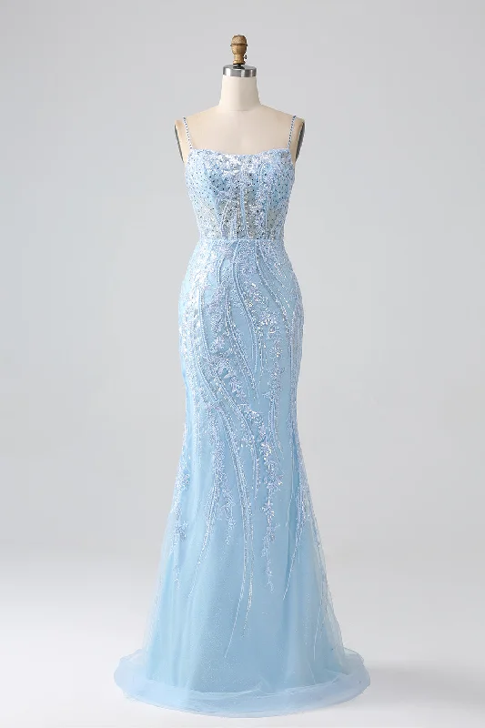 Metallic cocktail dresses with a halter neck for a glamorous occasionSky Blue Sparkly Mermaid Corset Prom Dress with Sequins Metallic cocktail dresses with a halter neck for a glamorous occasionSky Blue Sparkly Mermaid Corset Prom Dress with Sequins