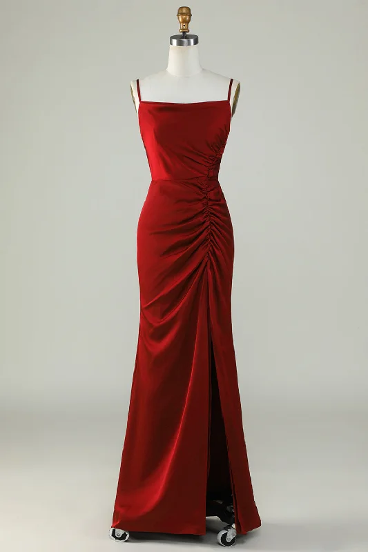 Wedding guest dresses with tiered skirts for a feminine lookSpaghetti Straps Burgundy Long Bridesmaid Dress with Split Front Wedding guest dresses with tiered skirts for a feminine lookSpaghetti Straps Burgundy Long Bridesmaid Dress with Split Front