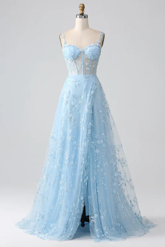 Cocktail dresses with a metallic - embroidered pattern and a midi - hemSparkly Blue A Line Spaghetti Straps Sequin Corset Prom Dress With Slit Cocktail dresses with a metallic - embroidered pattern and a midi - hemSparkly Blue A Line Spaghetti Straps Sequin Corset Prom Dress With Slit