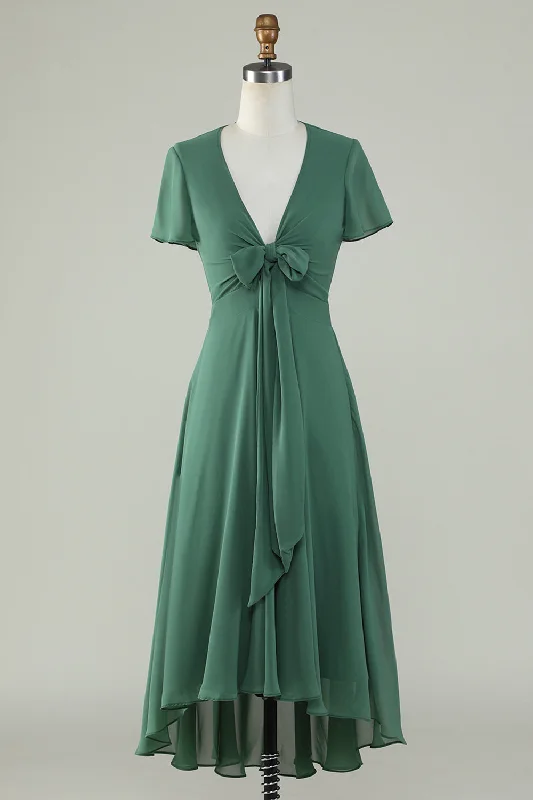 Sequined wedding guest dresses for an evening weddingV-Neck Short Sleeves Eucalyptus Bridesmaid Dress With Bow Sequined wedding guest dresses for an evening weddingV-Neck Short Sleeves Eucalyptus Bridesmaid Dress With Bow