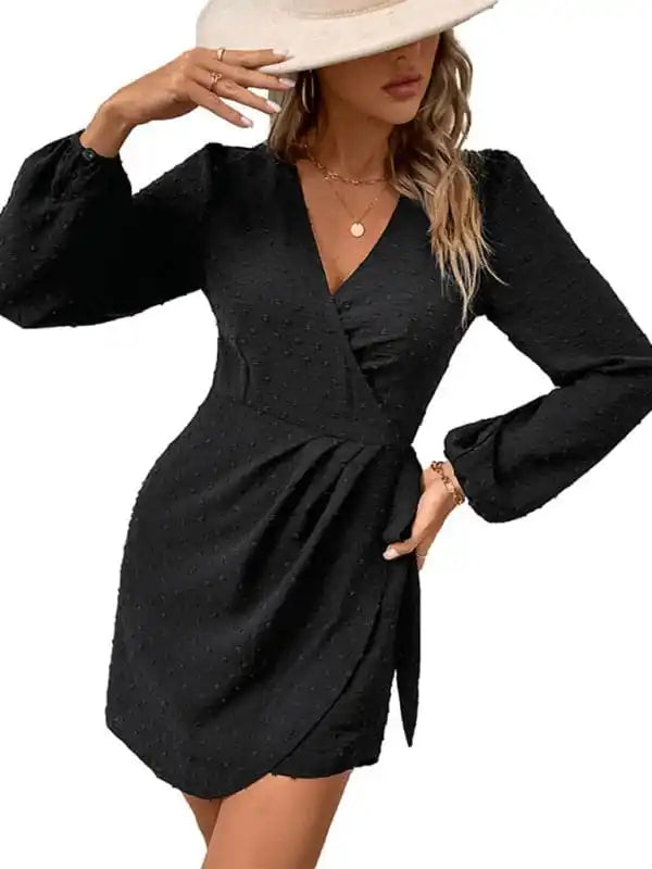 Animal - print cocktail dresses with a V - neck for a fierce lookWomen’s Black Elegant Jacquard Long Sleeve Dress Animal - print cocktail dresses with a V - neck for a fierce lookWomen’s Black Elegant Jacquard Long Sleeve Dress