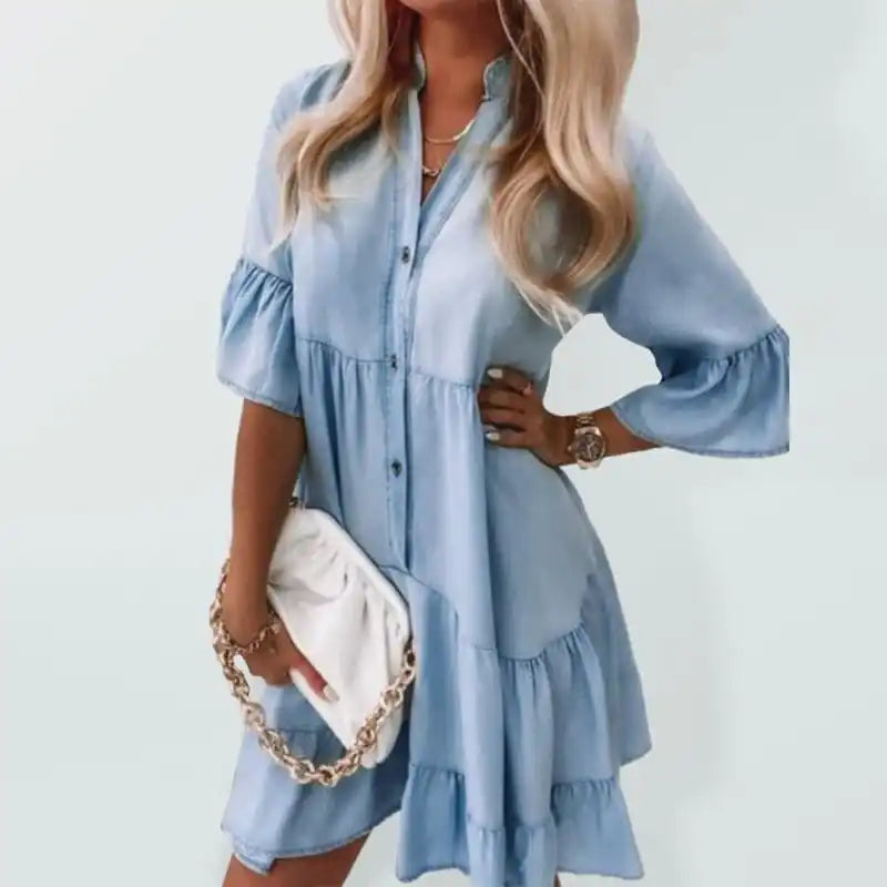Sheer cocktail dresses with a lining and a short hemWomen’s Chiffon Denim Button Front Shirtdress