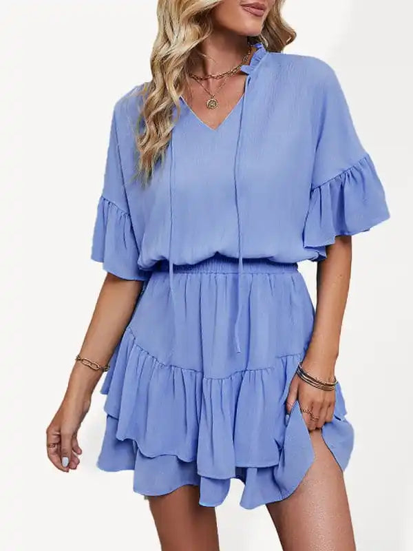 Cocktail dresses with a tassel - adorned belt and a sheath styleWomen’s Solid Color Flutter Ruffle Sleeve Tie Neck Minidress Cocktail dresses with a tassel - adorned belt and a sheath styleWomen’s Solid Color Flutter Ruffle Sleeve Tie Neck Minidress
