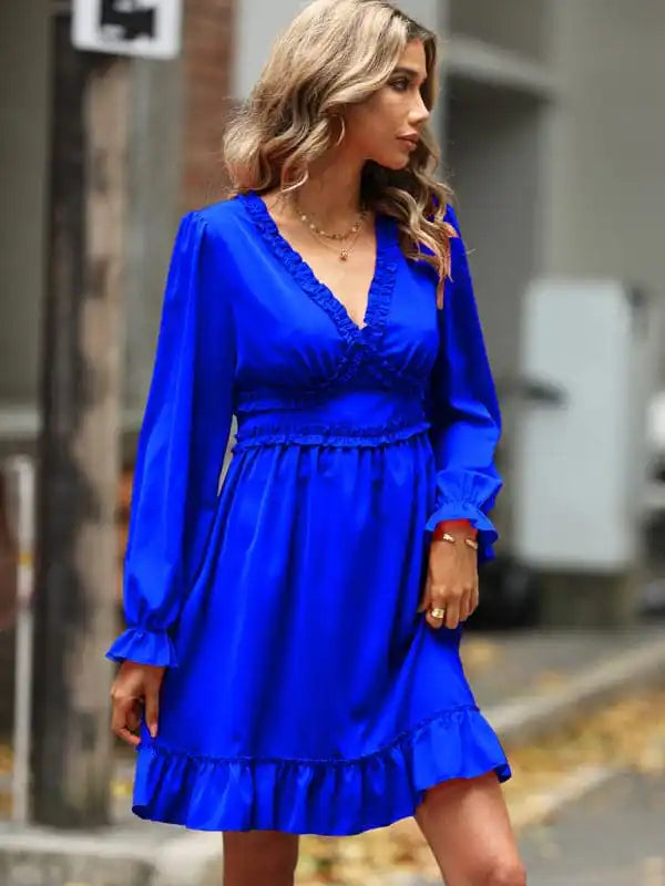 Cocktail dresses with cold - shoulder designs in a lightweight fabricWomen’s Solid Color Long-sleeve V-neck Ruffle-hem Mini Dress Cocktail dresses with cold - shoulder designs in a lightweight fabricWomen’s Solid Color Long-sleeve V-neck Ruffle-hem Mini Dress