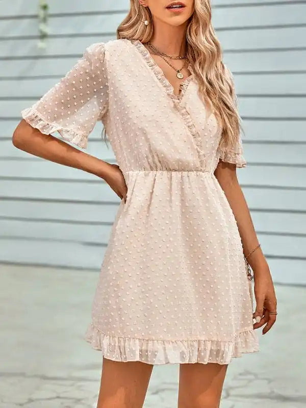 Ribbed - texture cocktail dresses with a cap - sleeve designWomen’s Solid Color Ruffle Clip Dot Ruffle Sleeve Mini Faux Wrap Dress Ribbed - texture cocktail dresses with a cap - sleeve designWomen’s Solid Color Ruffle Clip Dot Ruffle Sleeve Mini Faux Wrap Dress