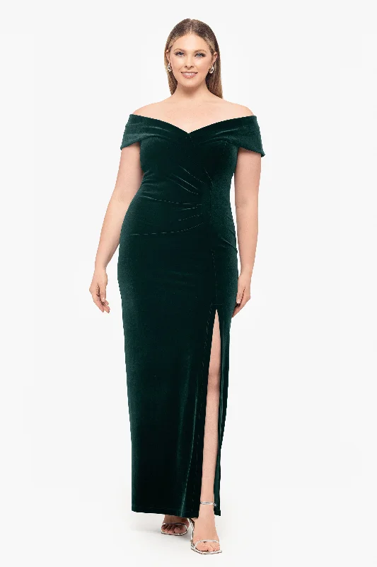 Geometric - printed cocktail dresses with a long - sleeve optionPlus "Charmaine" Long Off the Shoulder Velvet Gown Geometric - printed cocktail dresses with a long - sleeve optionPlus "Charmaine" Long Off the Shoulder Velvet Gown