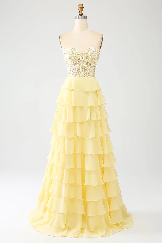 Long - cocktail dresses with a slit and a fitted bodiceYellow Sweetheart Tiered Long Prom Dress Long - cocktail dresses with a slit and a fitted bodiceYellow Sweetheart Tiered Long Prom Dress