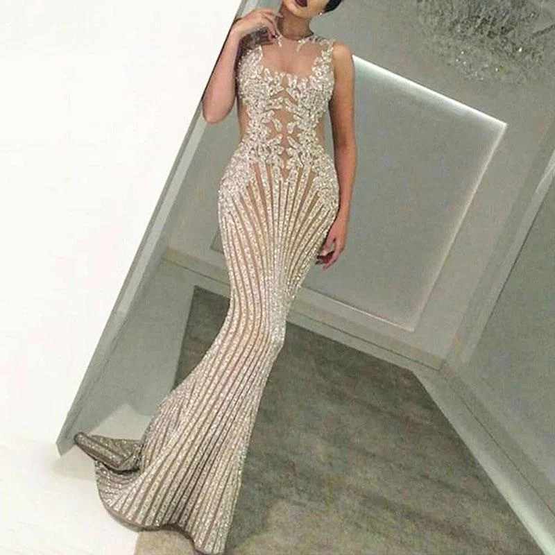 2022 Fashion Breathable Sexy Sleeveless Sling Bronzing V Neck Floor Length Sequin Applique Mermaid Evening Dress