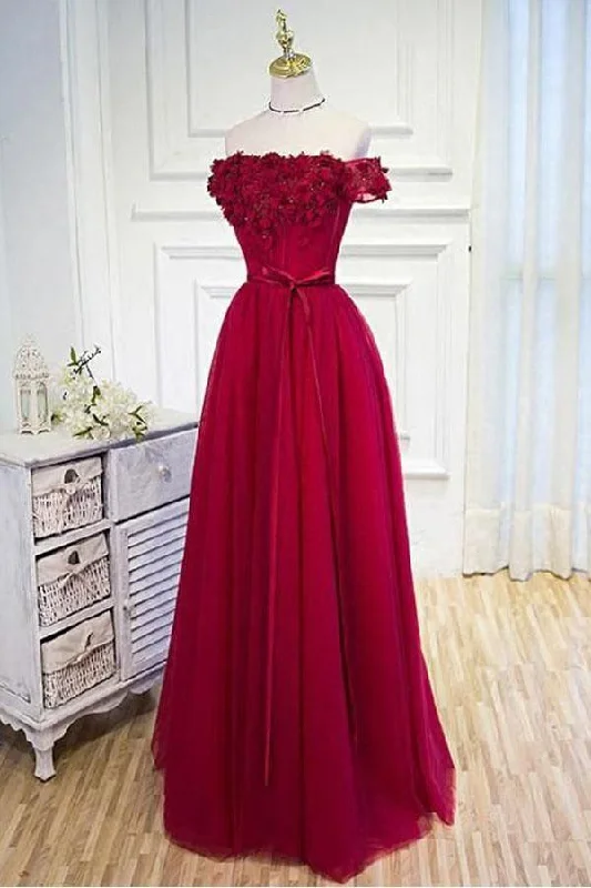 Party dresses with a paisley pattern for a bohemian - inspired lookA-line Off The Shoulder Burgundy Hand-Made Flower Prom Dress PSK004 Party dresses with a paisley pattern for a bohemian - inspired lookA-line Off The Shoulder Burgundy Hand-Made Flower Prom Dress PSK004