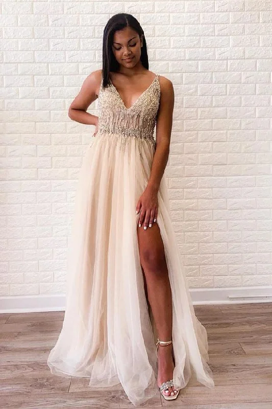 Party dresses with a pom - pom trim for a fun and festive touchA-line Tulle Sexy Deep V Neck Side-Slit Beaded Long Prom Evening Dress PSK012 Party dresses with a pom - pom trim for a fun and festive touchA-line Tulle Sexy Deep V Neck Side-Slit Beaded Long Prom Evening Dress PSK012