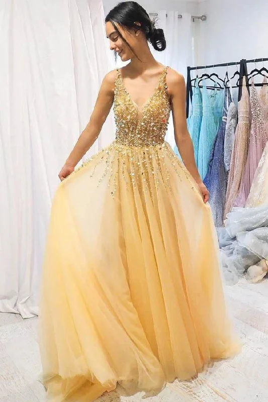Party dresses with a leatherette material for a tough and stylish appearanceA-line V neck Yellow Sparkly Long Prom Dresses Gorgeous Formal Dresses PSK026 Party dresses with a leatherette material for a tough and stylish appearanceA-line V neck Yellow Sparkly Long Prom Dresses Gorgeous Formal Dresses PSK026