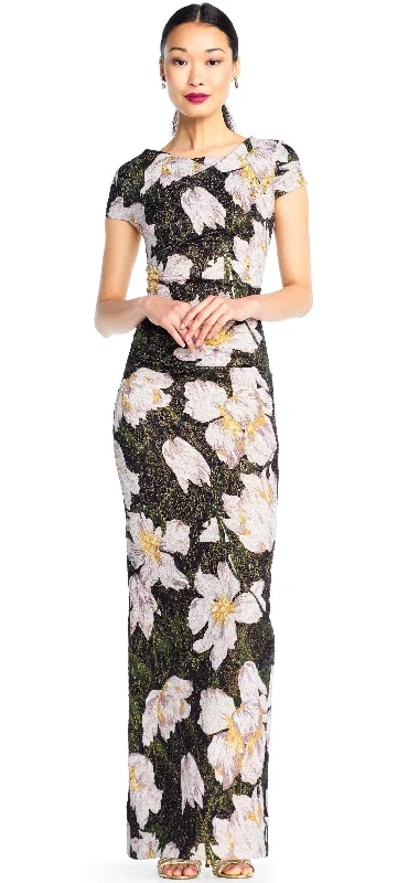 Prom dresses with lace - up side panels and ruffled bodices for a feminine and detailed lookAdrianna Papell - AP1E203398 Floral Patterned Bateau Sheath Dress Prom dresses with lace - up side panels and ruffled bodices for a feminine and detailed lookAdrianna Papell - AP1E203398 Floral Patterned Bateau Sheath Dress