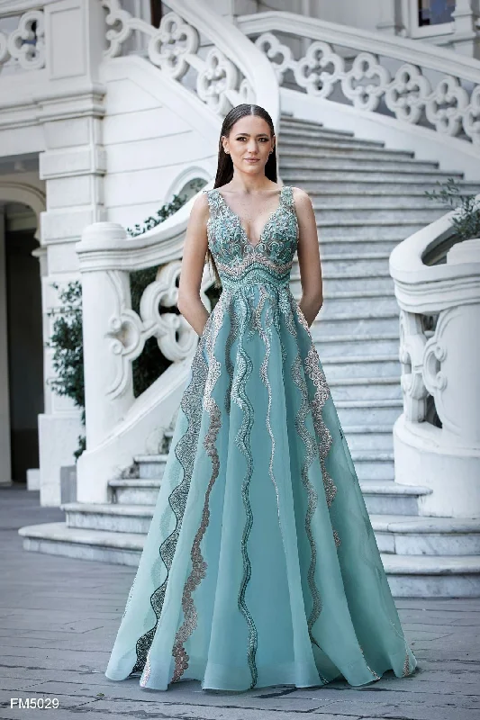 Formal dresses with one - shoulder ruffled straps and sequined bodices for a trendy and eye - catching lookAzzure Couture FM5029 Formal dresses with one - shoulder ruffled straps and sequined bodices for a trendy and eye - catching lookAzzure Couture FM5029