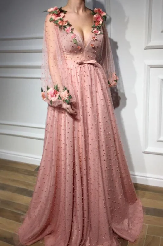 Party dresses with a lace overlay for a feminine touchBeautiful Long Sleeves V Neck 3D Flowers Pink Prom Dresses Formal Dresses PSK008 Party dresses with a lace overlay for a feminine touchBeautiful Long Sleeves V Neck 3D Flowers Pink Prom Dresses Formal Dresses PSK008