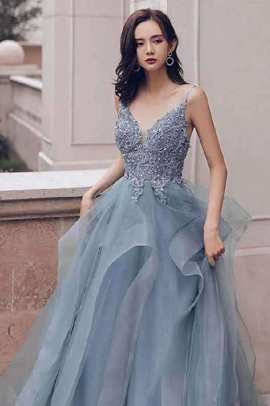Party dresses with a peplum waist for a feminine and flattering silhouetteBlue Gray Lace V Neck Long Ruffles Prom Dress Organza Evening Dress PSK016 Party dresses with a peplum waist for a feminine and flattering silhouetteBlue Gray Lace V Neck Long Ruffles Prom Dress Organza Evening Dress PSK016