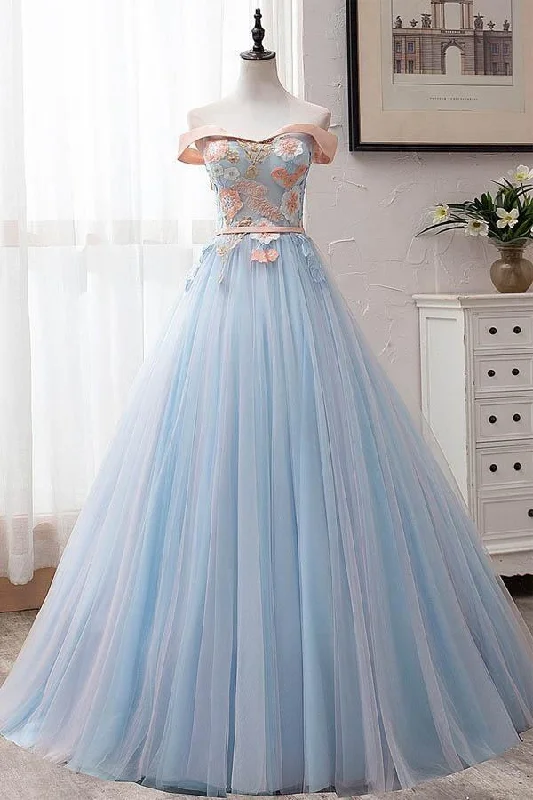 Party dresses with a handkerchief hem for a unique and flowing styleBlue Tulle Off-the-Shoulder Appliques Ball Gown Long Prom Dress PSK027 Party dresses with a handkerchief hem for a unique and flowing styleBlue Tulle Off-the-Shoulder Appliques Ball Gown Long Prom Dress PSK027