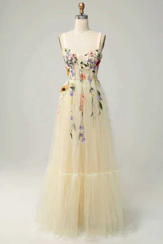 Party dresses with a polka - dot pattern for a classic and playful styleChampagne Spaghetti Straps Long Prom Dress With 3D Flowers Party dresses with a polka - dot pattern for a classic and playful styleChampagne Spaghetti Straps Long Prom Dress With 3D Flowers