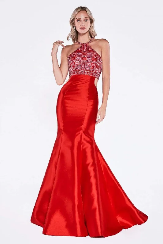 Formal dresses with off - the - shoulder sleeves and rhinestone accents for a sophisticated promCinderella Divine - 61894 Bead Embellished Halter Mermaid Gown Formal dresses with off - the - shoulder sleeves and rhinestone accents for a sophisticated promCinderella Divine - 61894 Bead Embellished Halter Mermaid Gown
