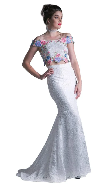 Formal dresses with ruffled skirts and bow accents for a charming prom appearanceCinderella Divine - CA314 Two Piece Floral Embroidered Mermaid Dress Formal dresses with ruffled skirts and bow accents for a charming prom appearanceCinderella Divine - CA314 Two Piece Floral Embroidered Mermaid Dress