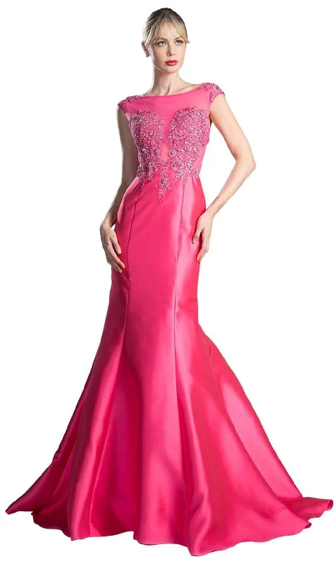 Long - train formal dresses in chiffon for a dramatic prom entranceCinderella Divine - 8984A Cap Sleeve Appliqued Plunging Illusion Gown Long - train formal dresses in chiffon for a dramatic prom entranceCinderella Divine - 8984A Cap Sleeve Appliqued Plunging Illusion Gown