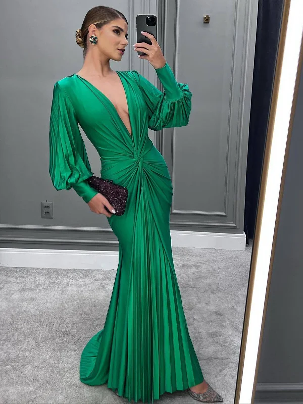 Formal dresses with empire waists and organza overlays for a feminine lookDeep V-Neck Long Sleeve Pleated Formal Dress MCW0925 Formal dresses with empire waists and organza overlays for a feminine lookDeep V-Neck Long Sleeve Pleated Formal Dress MCW0925