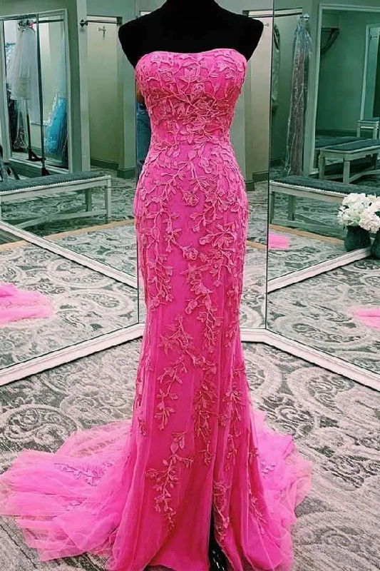 Party dresses with a metallic finish for a shiny and eye - catching effectElegant Fuchsia Strapless Lace Appliques Long Prom Dresses with Split PSK021 Party dresses with a metallic finish for a shiny and eye - catching effectElegant Fuchsia Strapless Lace Appliques Long Prom Dresses with Split PSK021