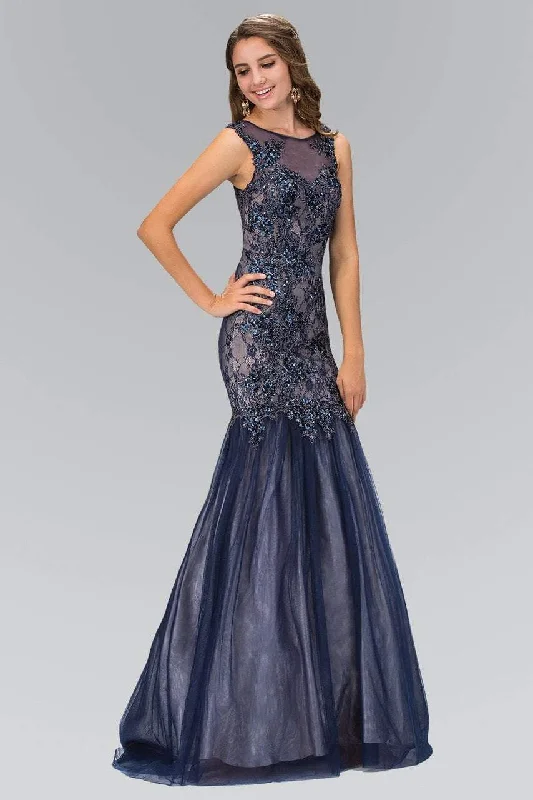 Strapless formal dresses with tulle skirts for a classic prom lookElizabeth K - GL2162 Beaded Bateau Neck Trumpet Gown