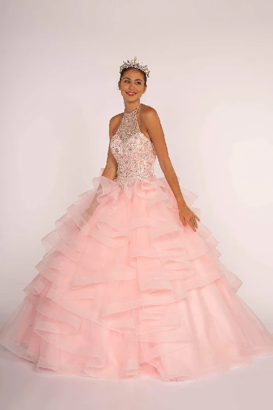 Prom dresses with tiered ruffled sleeves and satin skirts for a feminine and voluminous lookElizabeth K - GL2512 Ornate Illusion High Halter Ruffled Ballgown Prom dresses with tiered ruffled sleeves and satin skirts for a feminine and voluminous lookElizabeth K - GL2512 Ornate Illusion High Halter Ruffled Ballgown