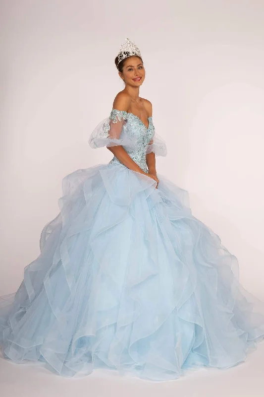 Formal dresses with off - the - shoulder sleeves and rhinestone accents for a sophisticated promElizabeth K - GL2601 Beaded Off-Shoulder Ruffed Ballgown Formal dresses with off - the - shoulder sleeves and rhinestone accents for a sophisticated promElizabeth K - GL2601 Beaded Off-Shoulder Ruffed Ballgown