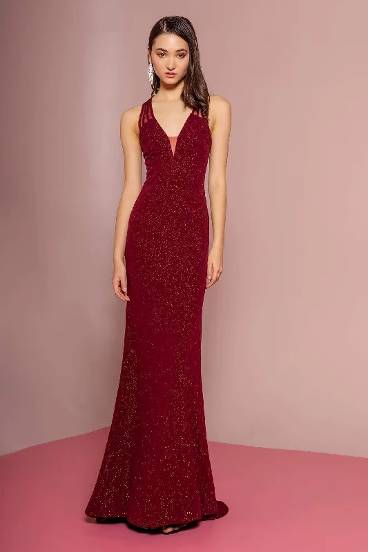 Sequined formal dresses with open backs for a sexy prom styleElizabeth K - GL2704 Glitter Crepe Deep V-neck Trumpet Dress