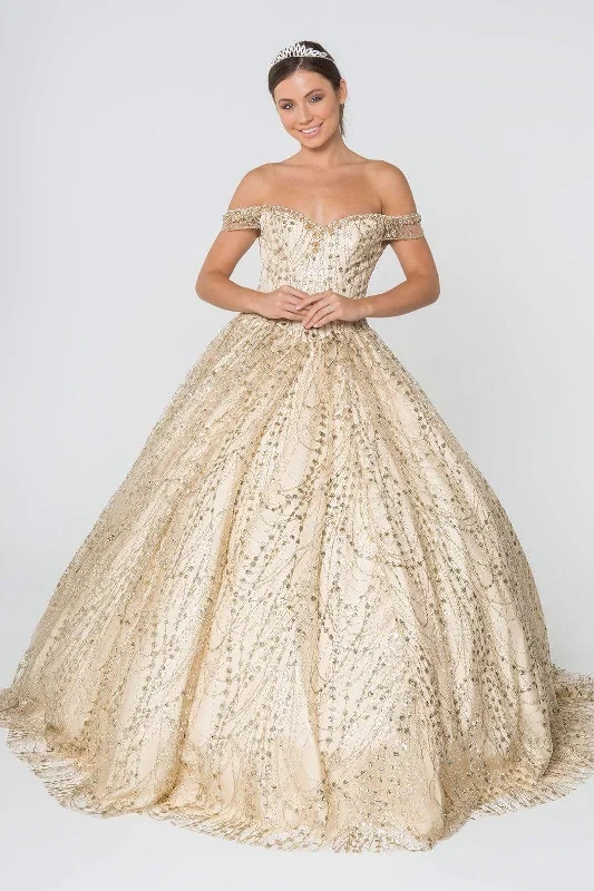 Formal dresses with empire waists and organza overlays for a feminine lookElizabeth K - GL2831 Off Shoulder Glitter Mesh Ballgown Formal dresses with empire waists and organza overlays for a feminine lookElizabeth K - GL2831 Off Shoulder Glitter Mesh Ballgown