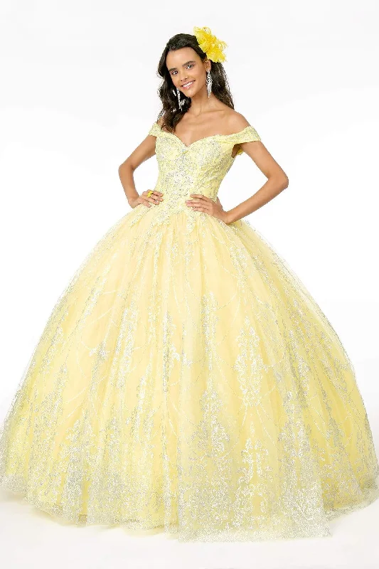 Formal dresses with one - shoulder ruffled straps and sequined bodices for a trendy and eye - catching lookElizabeth K - GL2910 Glitter Mesh Off-Shoulder Quinceanera Gown Formal dresses with one - shoulder ruffled straps and sequined bodices for a trendy and eye - catching lookElizabeth K - GL2910 Glitter Mesh Off-Shoulder Quinceanera Gown