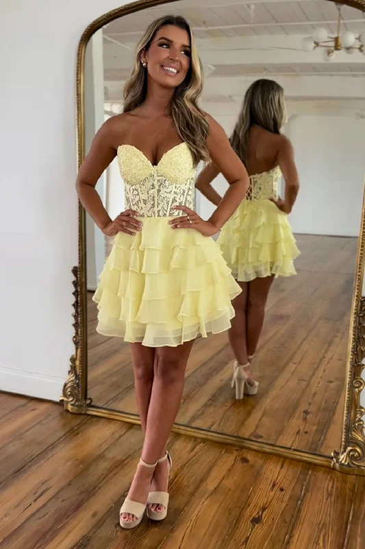 Party dresses with a mermaid silhouette for a figure - hugging fitGlitter Yellow A-line Tiered Short Prom Dress with Appliques Party dresses with a mermaid silhouette for a figure - hugging fitGlitter Yellow A-line Tiered Short Prom Dress with Appliques