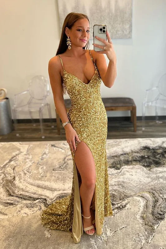 A - line party dresses with a floral print for spring eventsGold Mermaid Sequin Prom Dress with Slit A - line party dresses with a floral print for spring eventsGold Mermaid Sequin Prom Dress with Slit