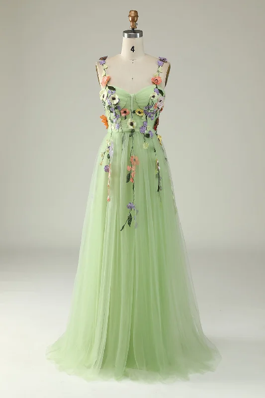 Sparkly sequined party dresses for a glamorous lookGreen Spaghetti Straps Prom Dress With 3D Flowers Sparkly sequined party dresses for a glamorous lookGreen Spaghetti Straps Prom Dress With 3D Flowers