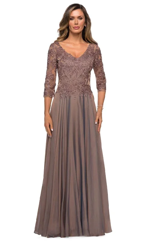 Long - train formal dresses in chiffon for a dramatic prom entranceLa Femme - 28106 Floral Lace Appliqued Bodice A-Line Gown Long - train formal dresses in chiffon for a dramatic prom entranceLa Femme - 28106 Floral Lace Appliqued Bodice A-Line Gown