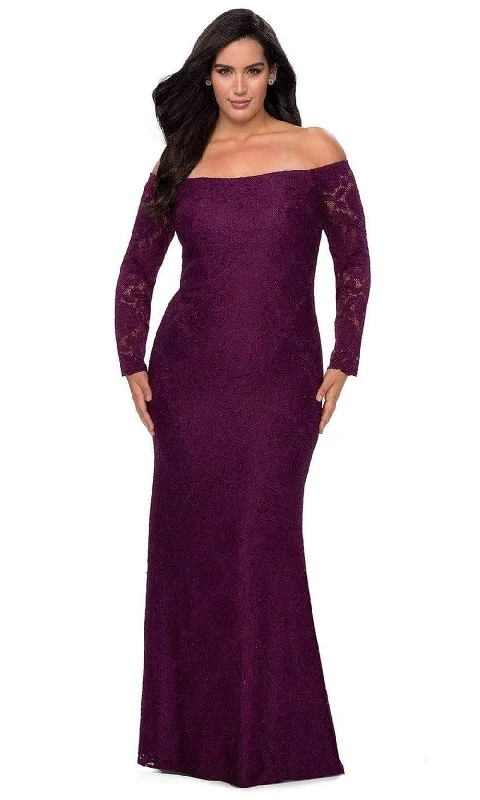Formal dresses with one - shoulder ruffled straps and sequined bodices for a trendy and eye - catching lookLa Femme - 28859 Lace Off-Shoulder Sheath Dress Formal dresses with one - shoulder ruffled straps and sequined bodices for a trendy and eye - catching lookLa Femme - 28859 Lace Off-Shoulder Sheath Dress